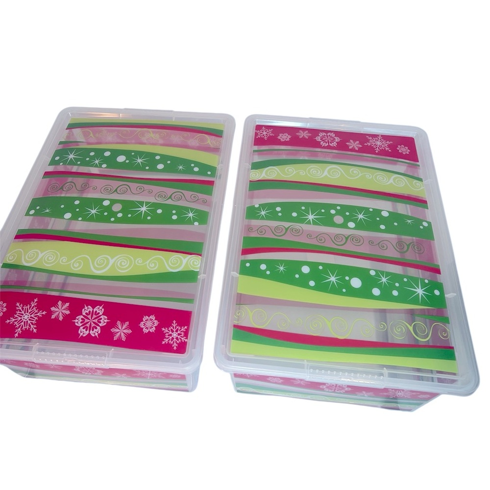 Two Festive Red/Green/White Clear Storage Christmas Containers with Lids.   New